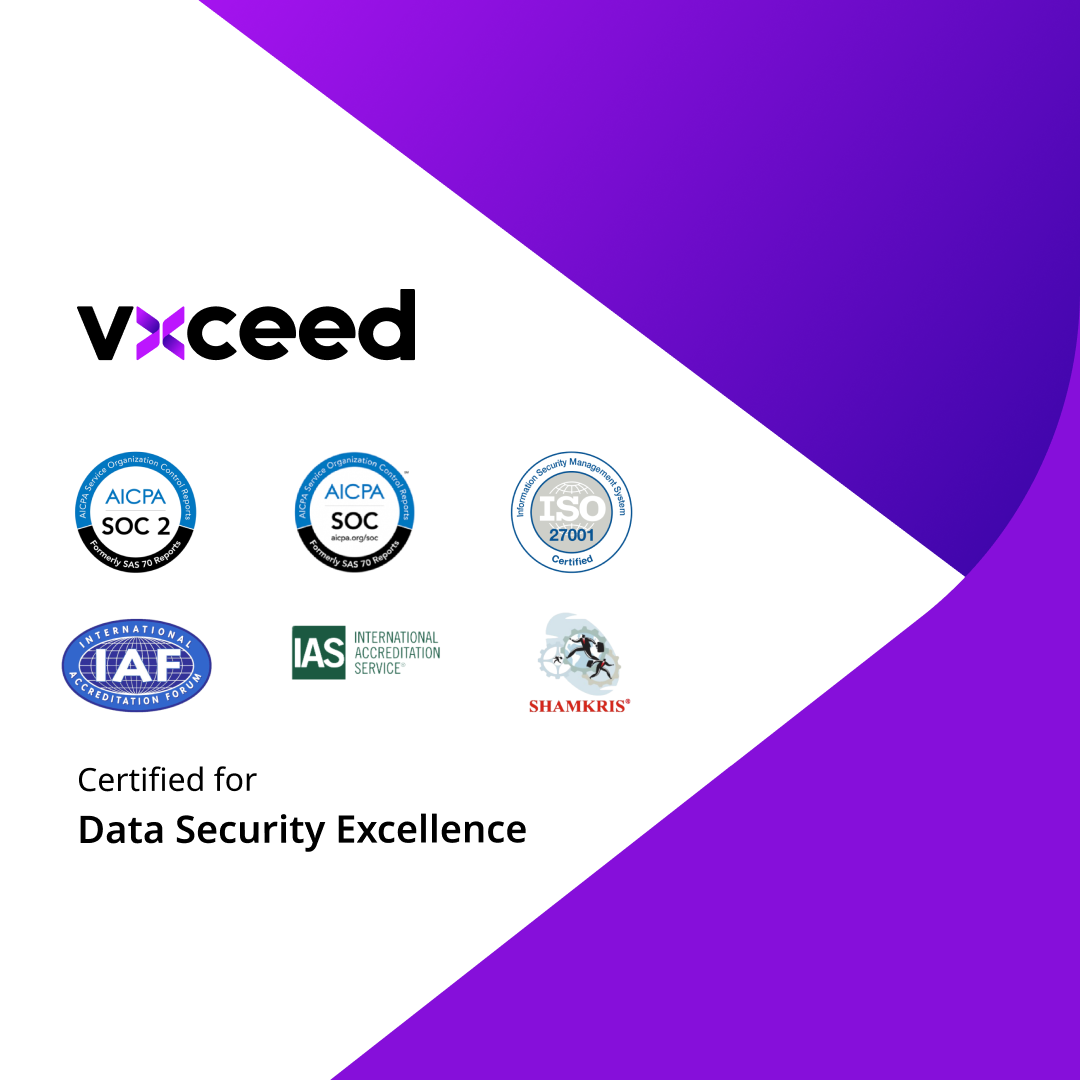Vxceed certifications and compliance milestones reflecting enterprise-grade security, data protection, and operational trust