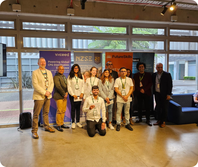 Vxceed team and ecosystem partners at the GenAI Hackathon Vxceed sponsored, reflecting the company’s commitment to applied AI innovation and sustainable technology initiatives.