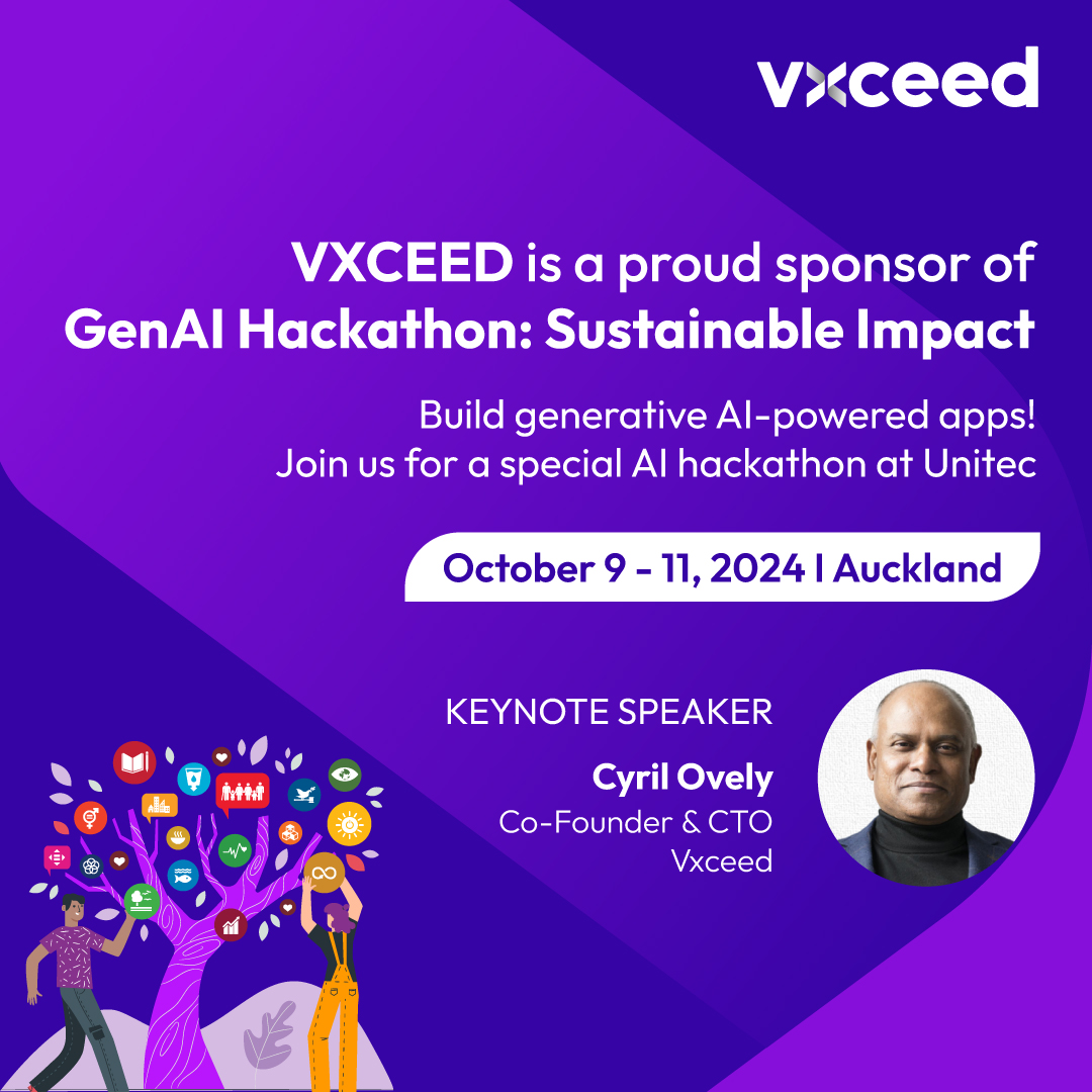 Vxceed featured as a sponsor of the GenAI Hackathon, reinforcing its role in advancing responsible AI adoption and industry collaboration
